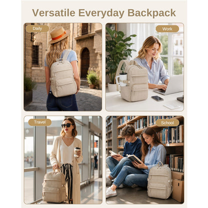 Beige quilted backpack lifestyle collage showing daily commute, work desk, travel, and school library usage
