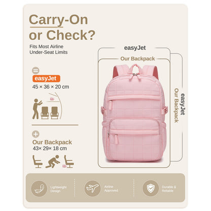 Pastel pink quilted cabin backpack front view with easyJet airline approved specs and dual zipper pockets
