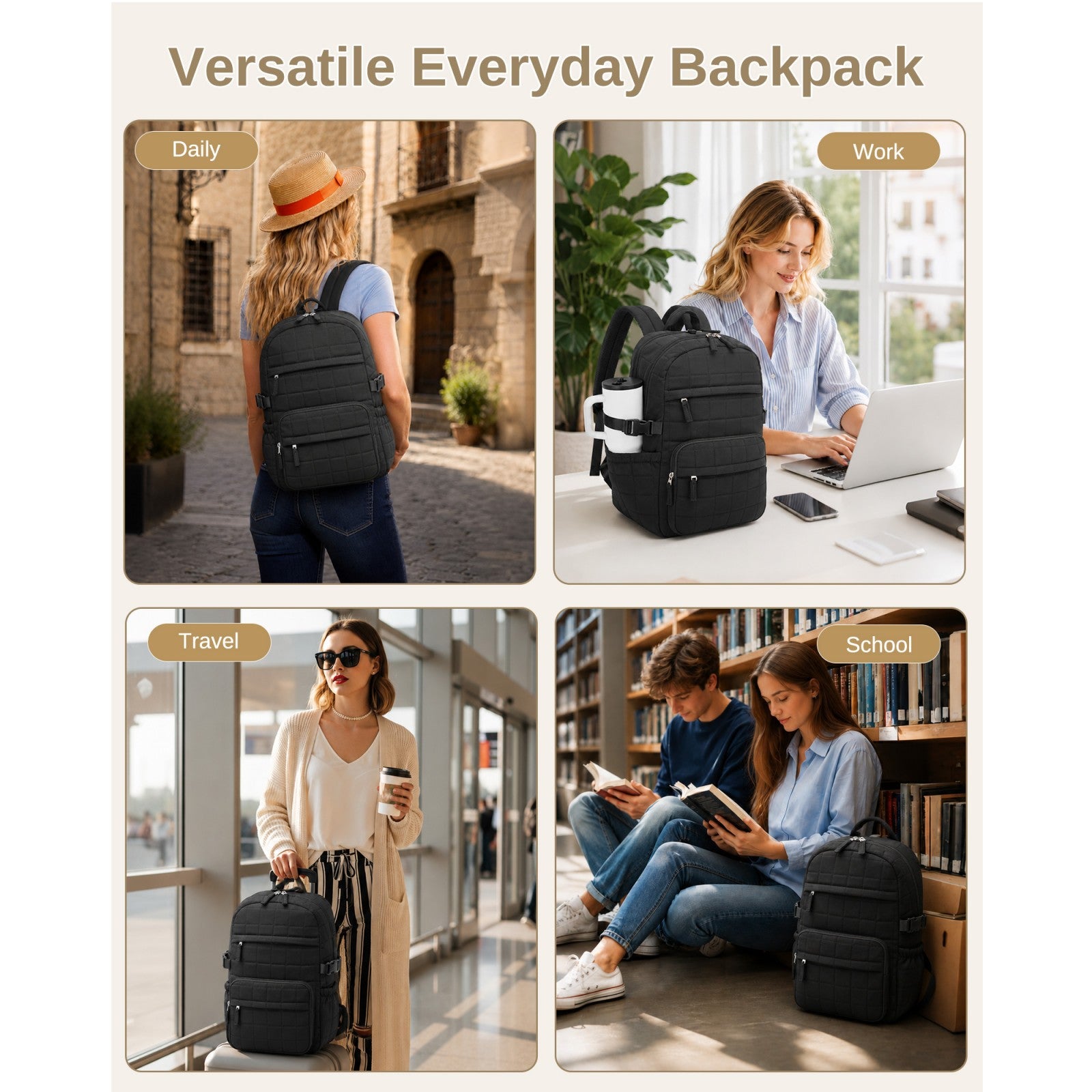 Black quilted backpack lifestyle collage for work, travel, and school highlighting professional aesthetic