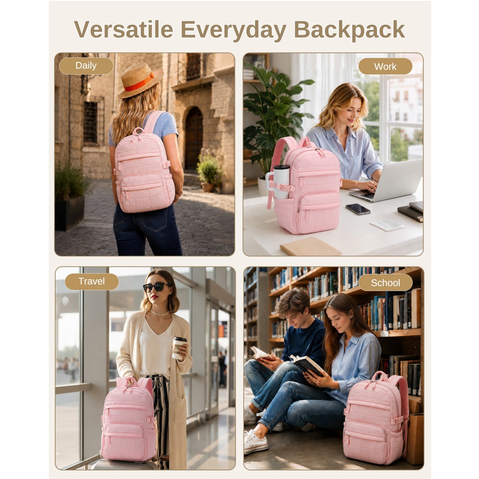 Versatile pink quilted backpack for daily commute, work, travel, and school use with grid-stitched design
