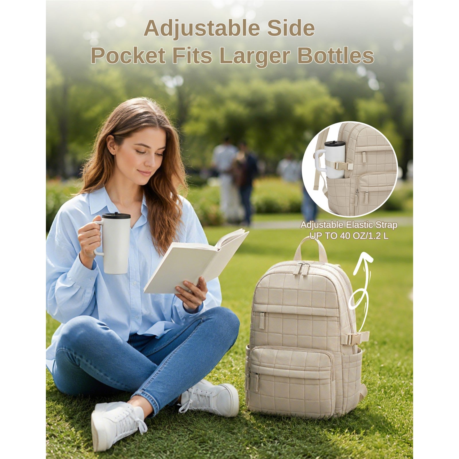 Beige quilted backpack side pocket securing large insulated tumbler in park setting with elastic strap