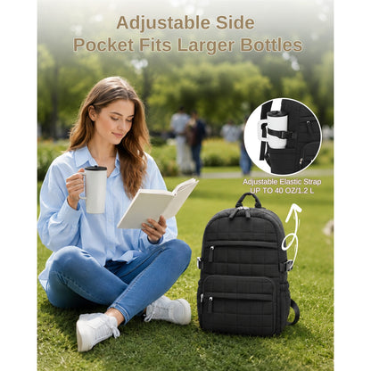 Black quilted backpack side pocket with adjustable elastic strap holding 40 oz travel mug outdoors