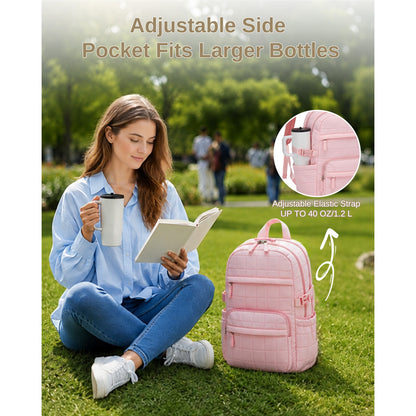 Pink quilted backpack with adjustable elastic side pocket holding 40oz water bottle in outdoor park setting