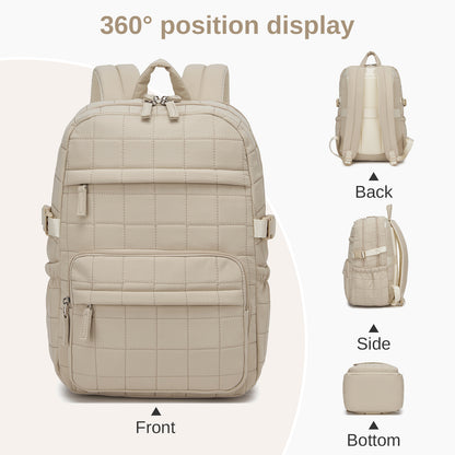 Beige quilted backpack 360-degree view showing flat base design, compression straps, and uniform grid pattern