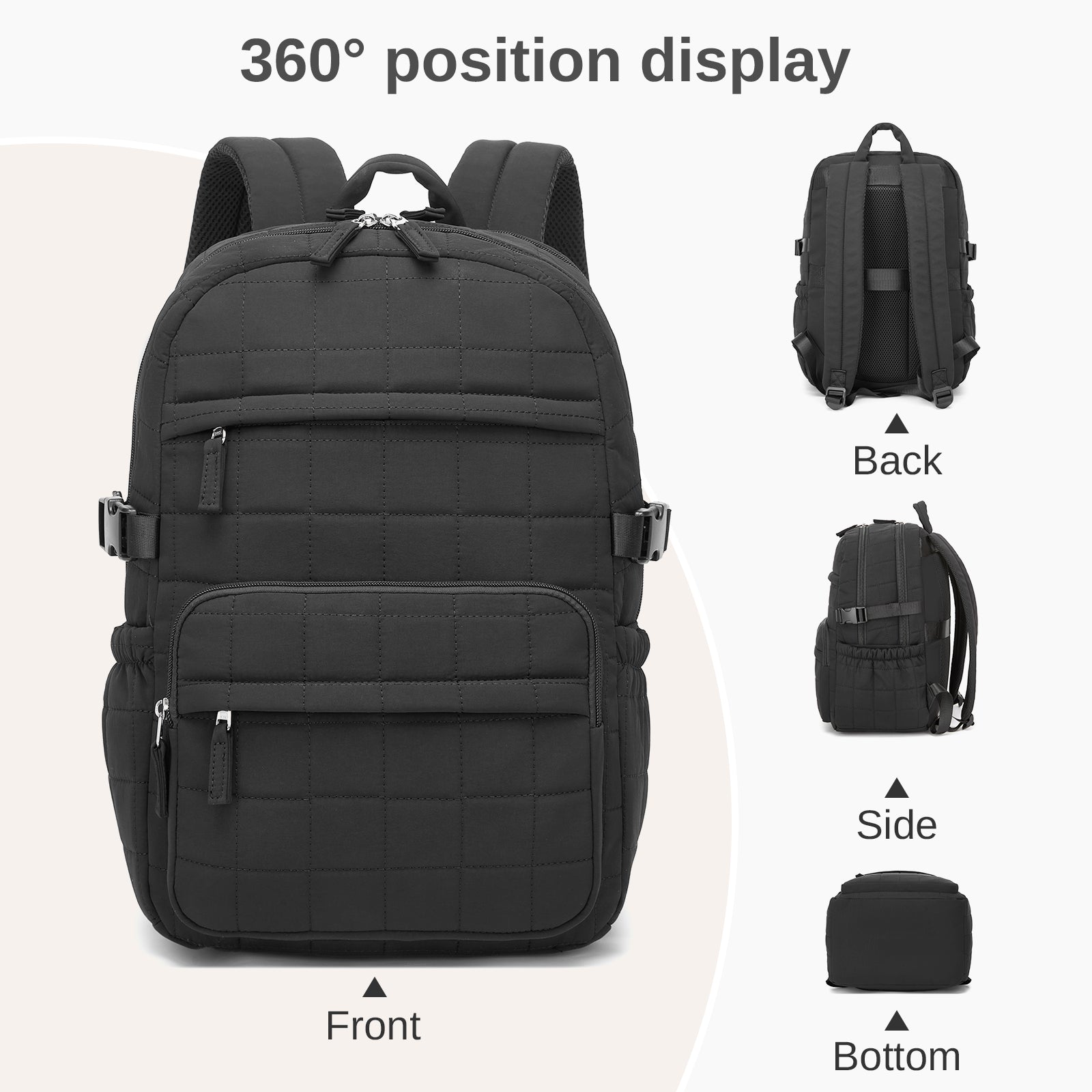 Black quilted cabin backpack with grid stitching, two-tier front pockets, mesh back panel, and adjustable compression straps