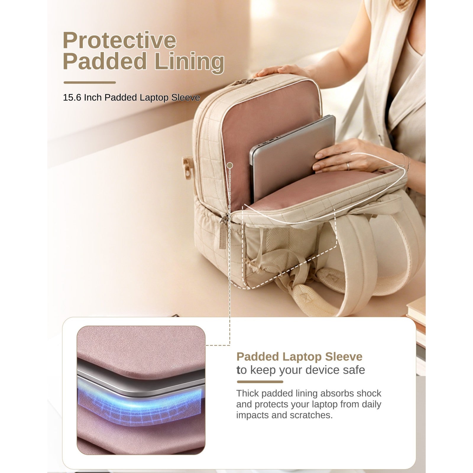 Beige quilted backpack with silver laptop in padded shock-absorbing 15.6 inch sleeve interior view