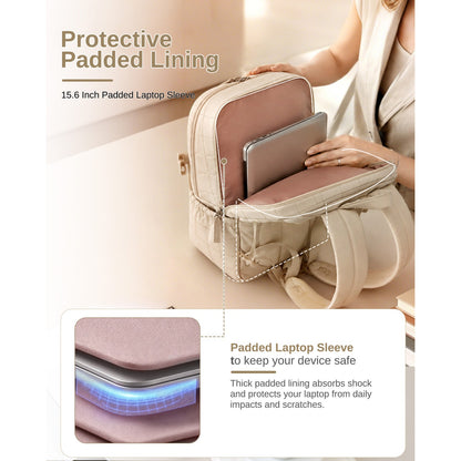 Beige quilted backpack with silver laptop in padded shock-absorbing 15.6 inch sleeve interior view