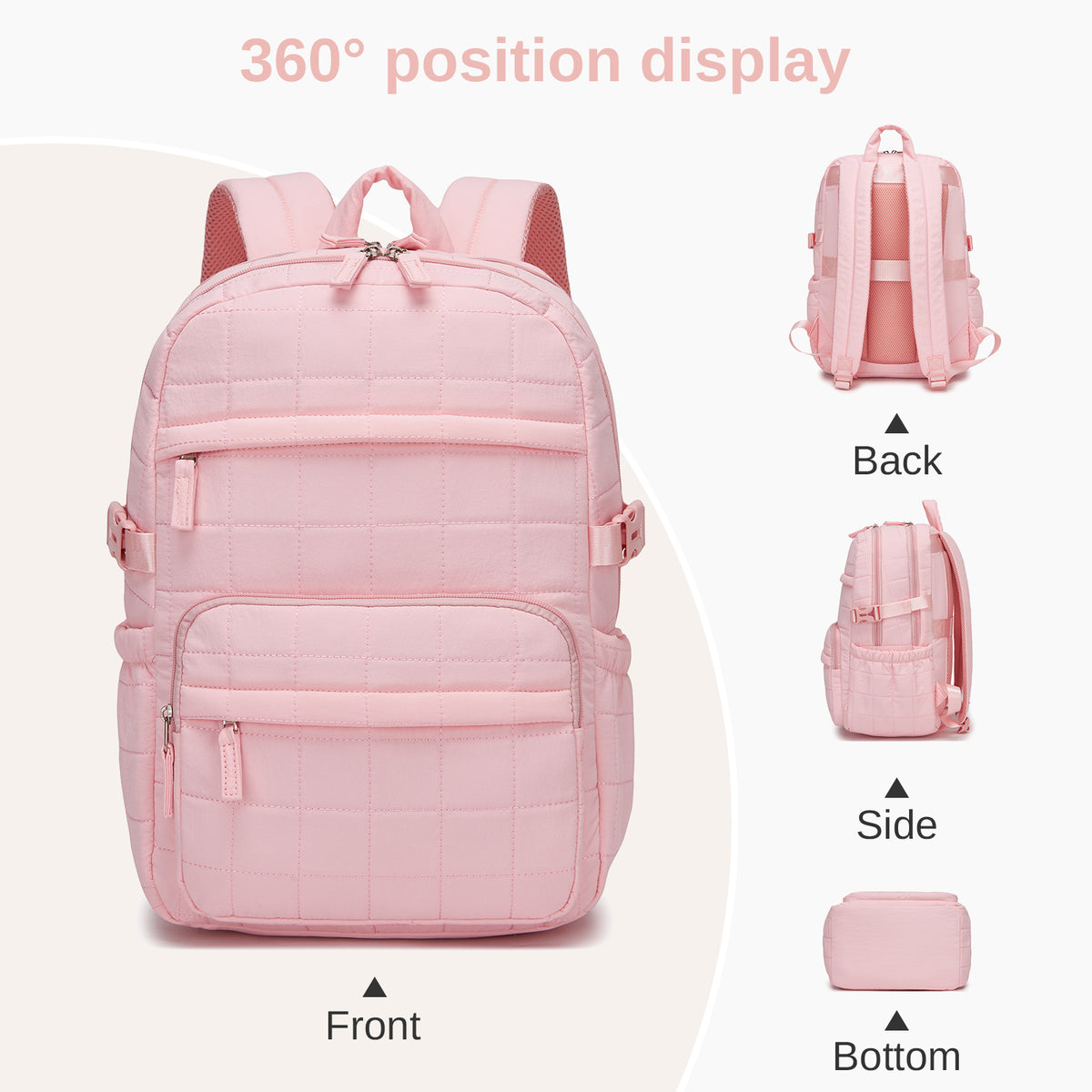 Pastel pink quilted cabin backpack 360-degree view highlighting grid texture, flat base, and ventilation panel