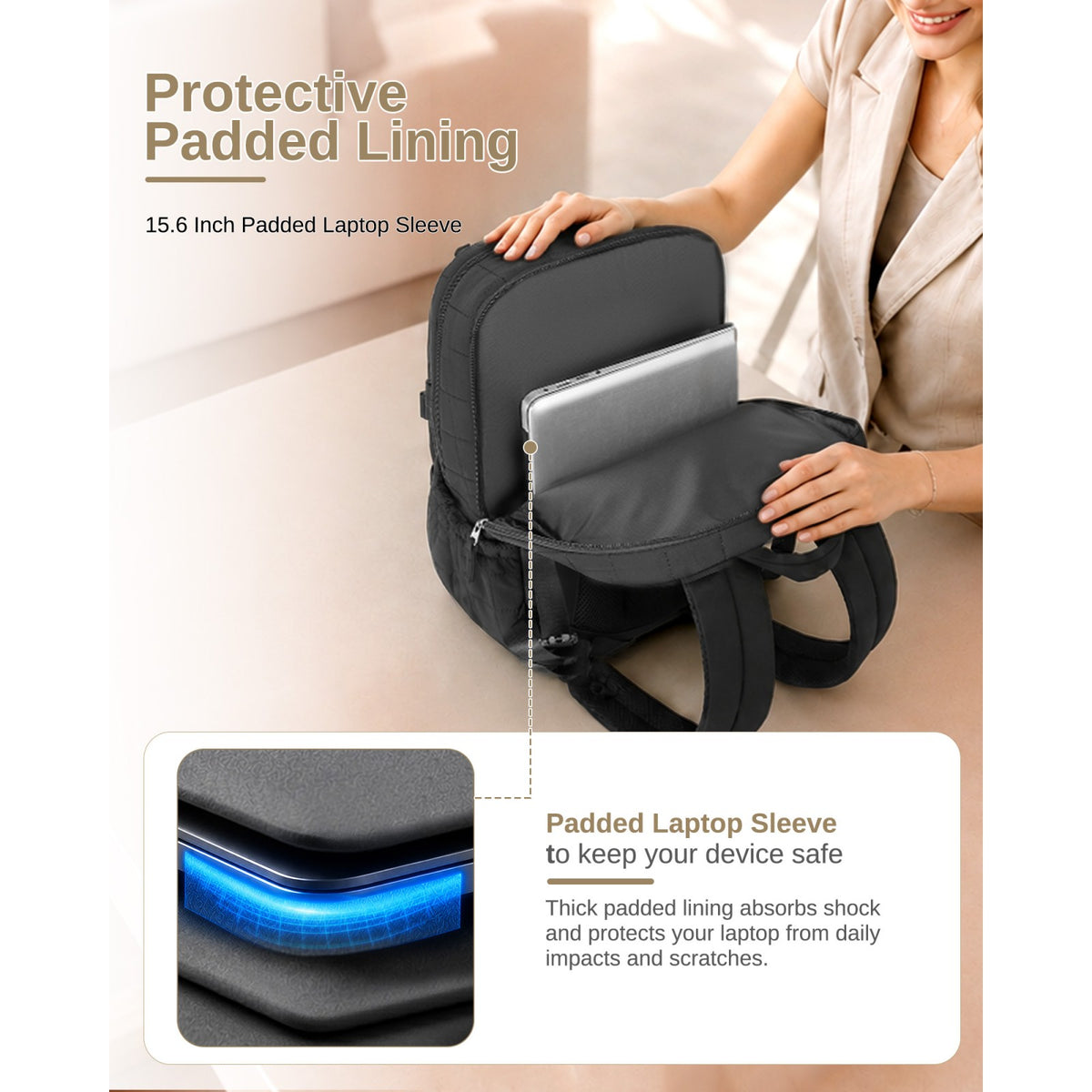 Black backpack open view showing protective padded laptop sleeve absorbing shock for 15.6 inch devices