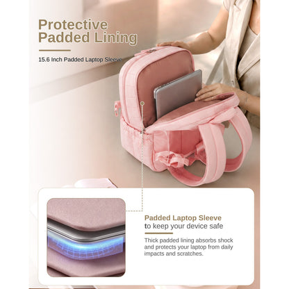 Pink quilted backpack with thick padded lining protecting 15.6 inch laptop from shock and scratches