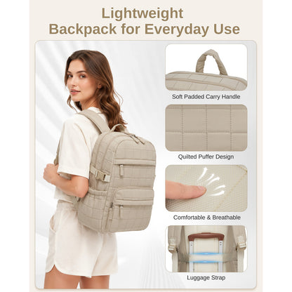Beige quilted puffer backpack worn by woman showing padded handle, breathable mesh back, and luggage strap attachment