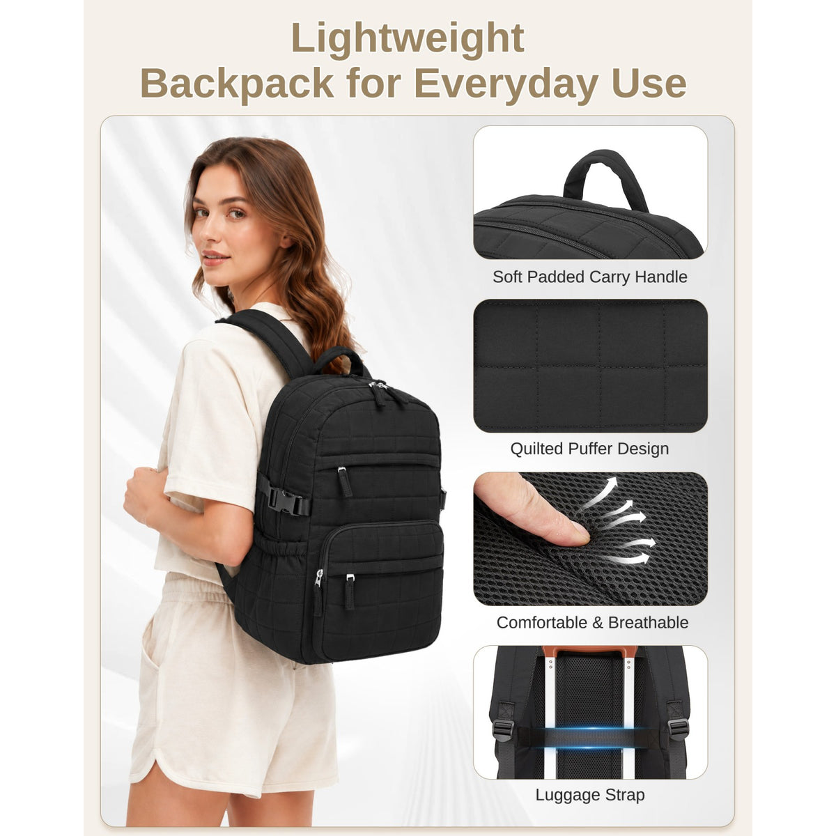 Black quilted everyday backpack with padded carry handle, breathable mesh lining, and functional luggage strap