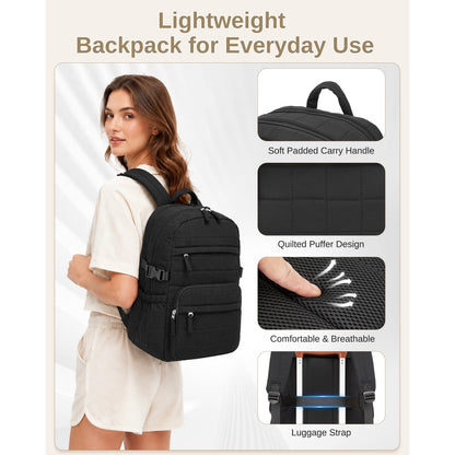 Black quilted everyday backpack with padded carry handle, breathable mesh lining, and functional luggage strap