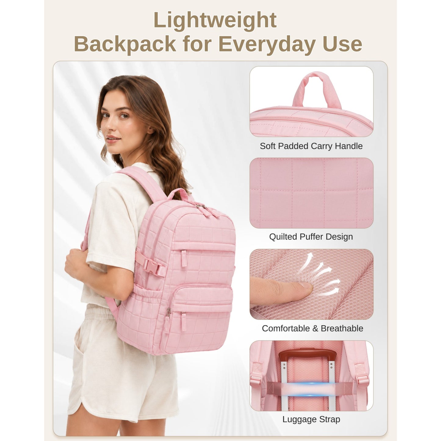 Pink puffer quilted backpack worn from back with breathable mesh straps and telescoping luggage strap detail