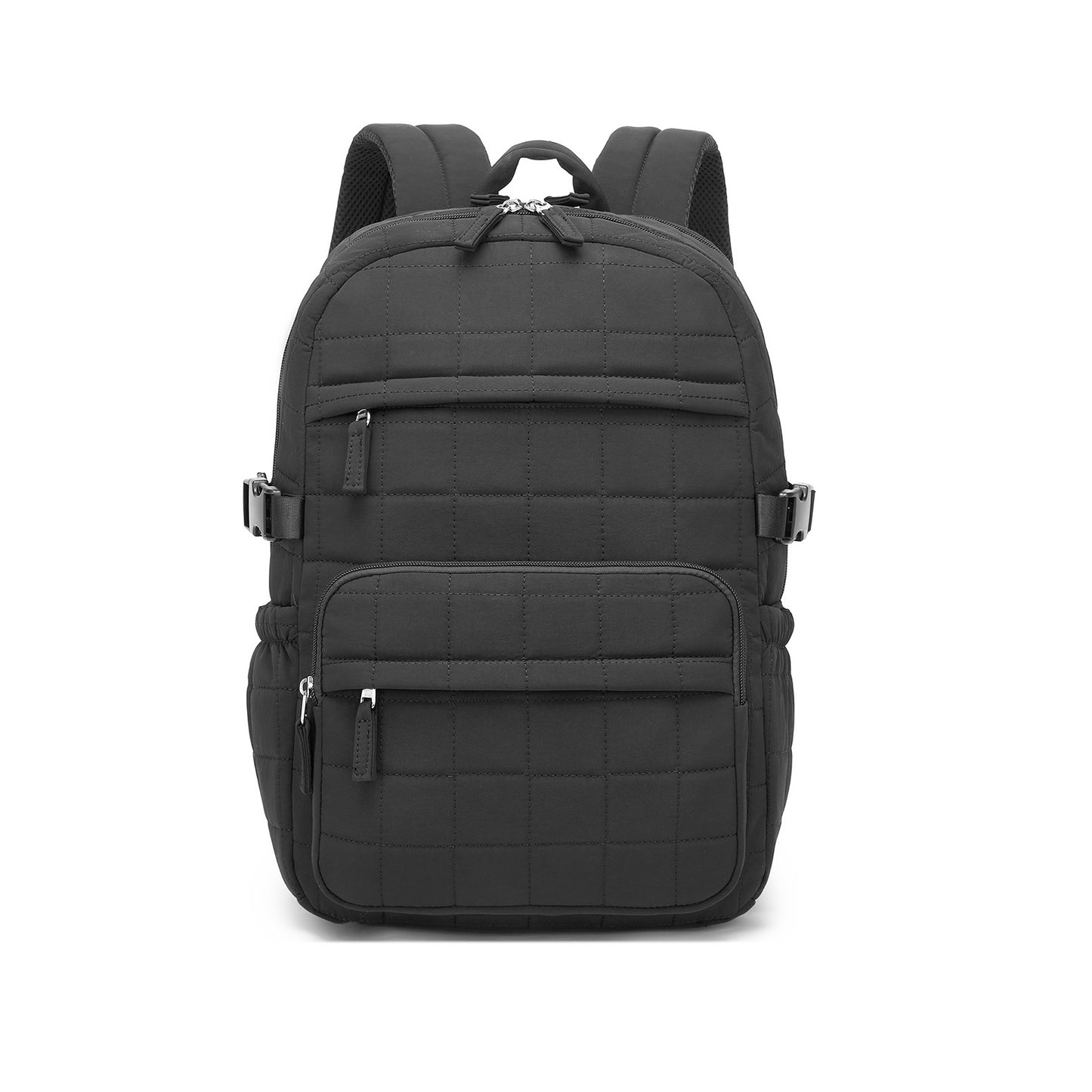 Studio shot of black quilted backpack with grid pattern, leather-like zipper pulls, and reinforced structure