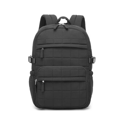 Studio shot of black quilted backpack with grid pattern, leather-like zipper pulls, and reinforced structure