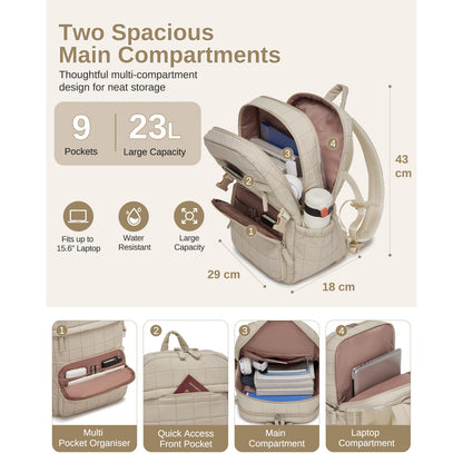 Beige quilted cabin backpack open showing 23L capacity, 9 pockets, and 15.6 inch laptop sleeve organization