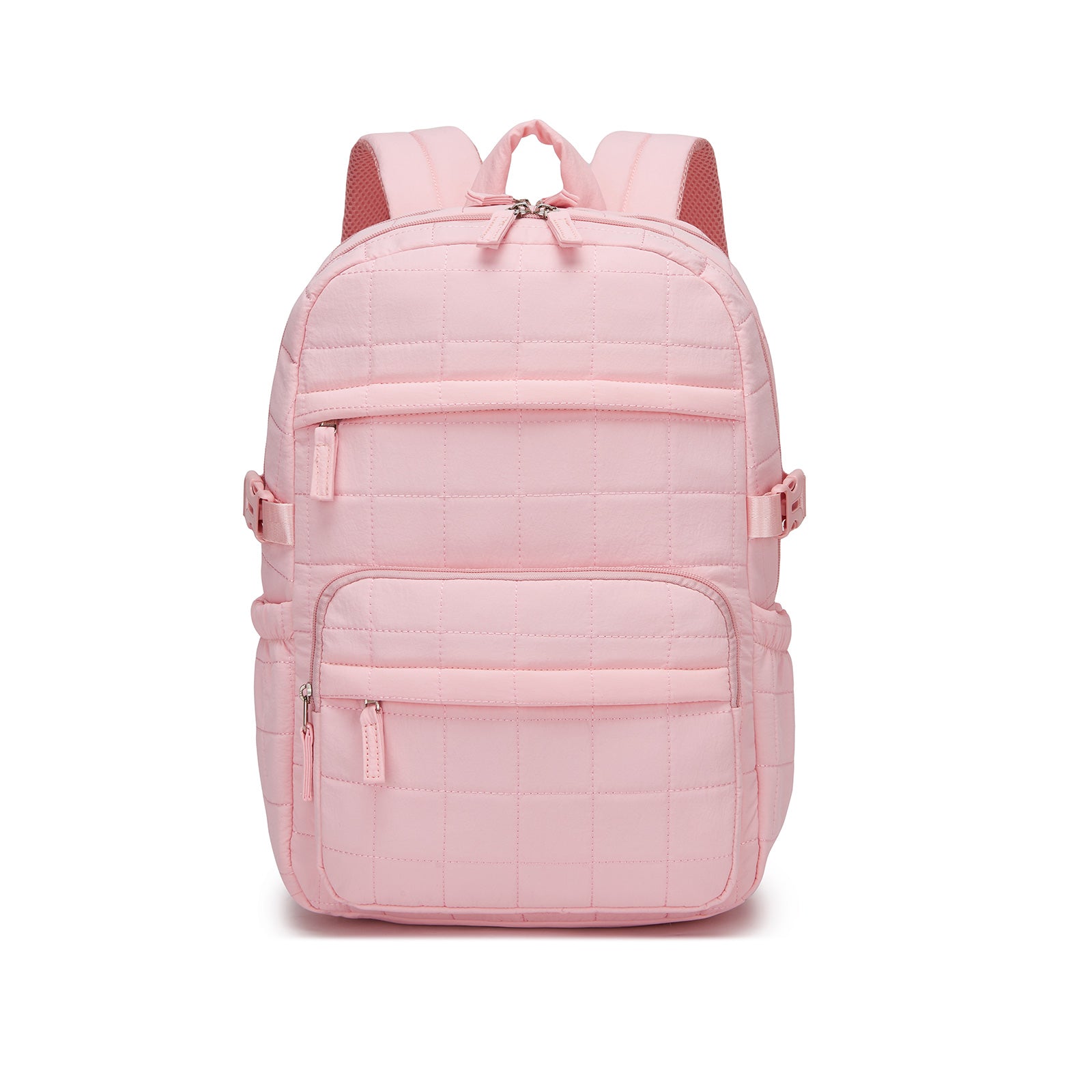 Pink quilted cabin backpack studio shot with symmetrical grid stitching, dual zippers, and mesh straps