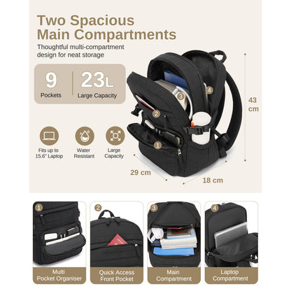Black backpack interior organization with 9 pockets, 23L capacity, and dedicated 15.6 inch laptop sleeve