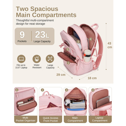 Pink quilted backpack interior layout with 9 pockets, multi-organizer, and 15.6 inch tablet compartment