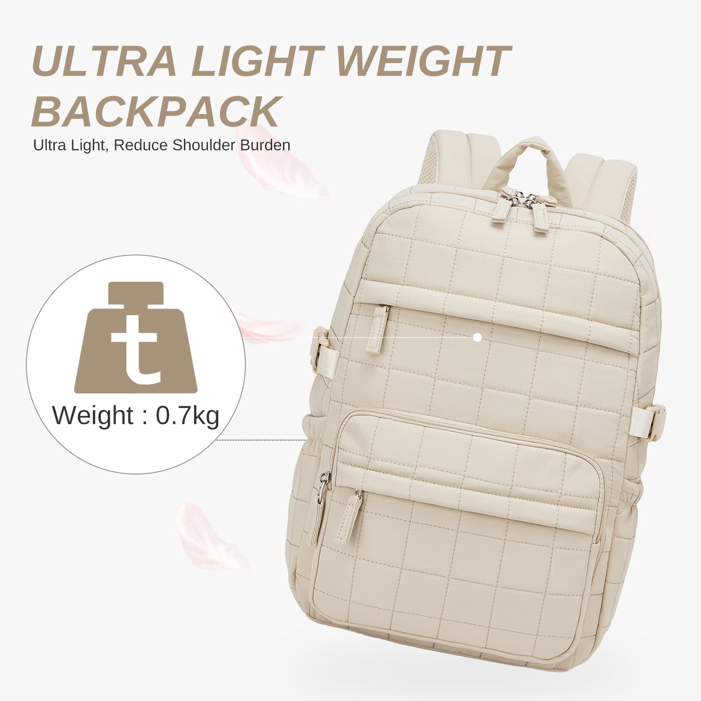 Three-quarter rear view of beige ultra-lightweight quilted backpack emphasizing 0.7kg weight and comfort