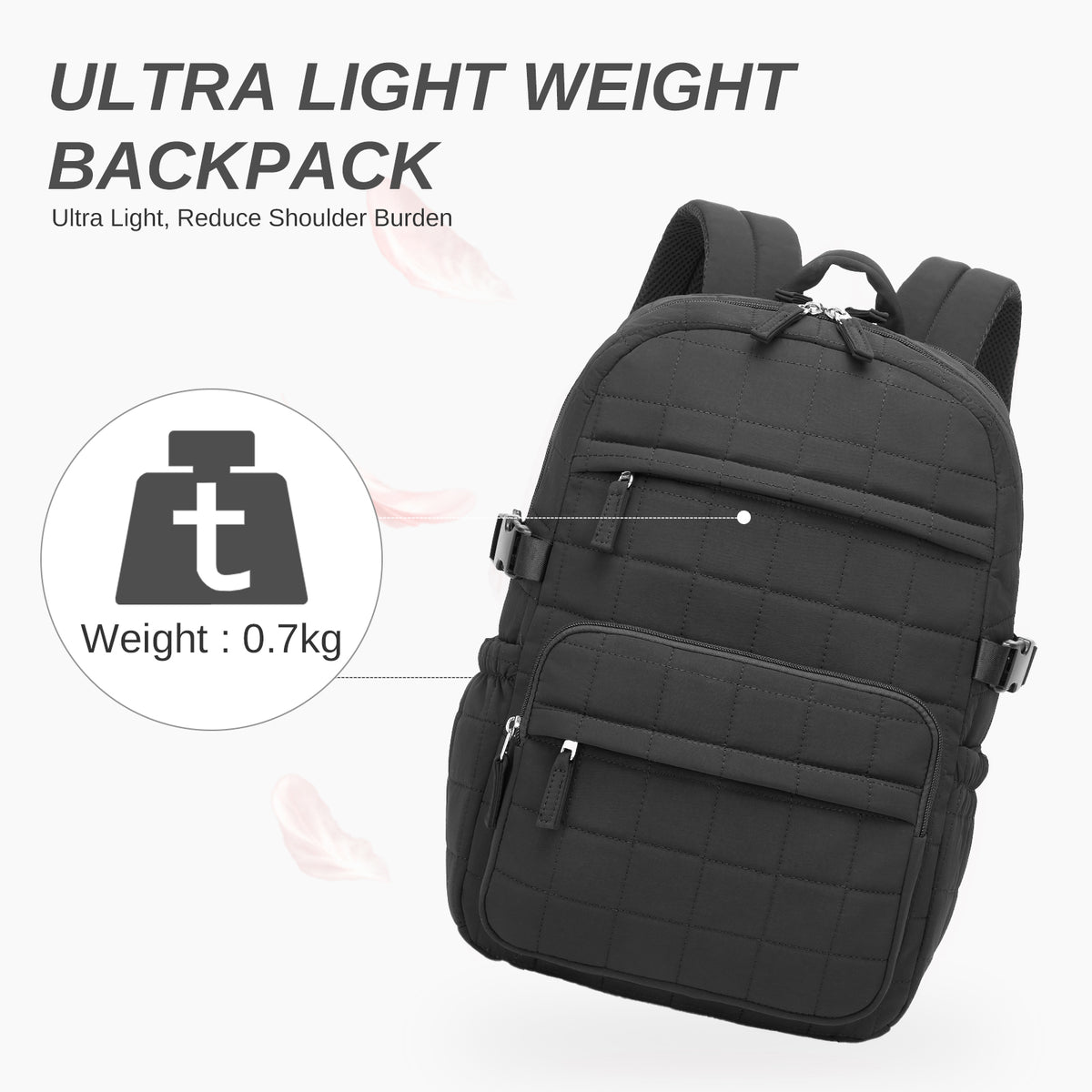 Ultra lightweight black quilted backpack weighing 0.7kg with grid texture and side compression buckles