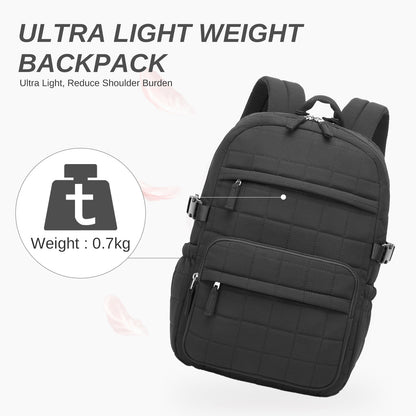 Ultra lightweight black quilted backpack weighing 0.7kg with grid texture and side compression buckles