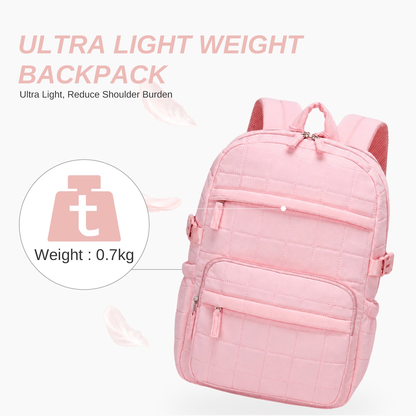 Light pink ultra lightweight quilted backpack featuring grid stitching and 0.7kg weight specification