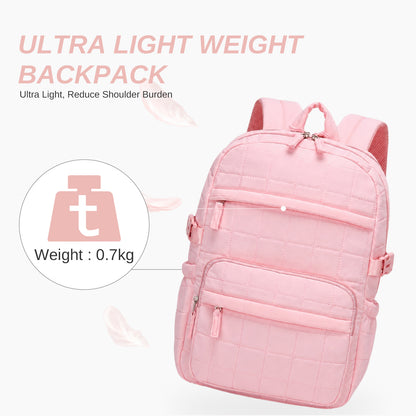 Light pink ultra lightweight quilted backpack featuring grid stitching and 0.7kg weight specification