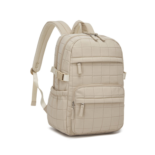 Beige quilted backpack three-quarter rear view showing grid stitching, compression straps, and mesh shoulder lining