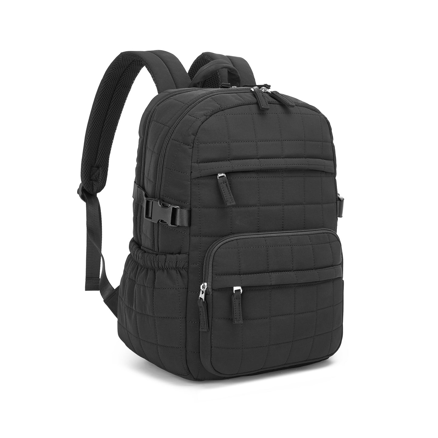 Black structured cabin backpack with grid-quilted pattern, mesh back panel, and dual front zippered pockets