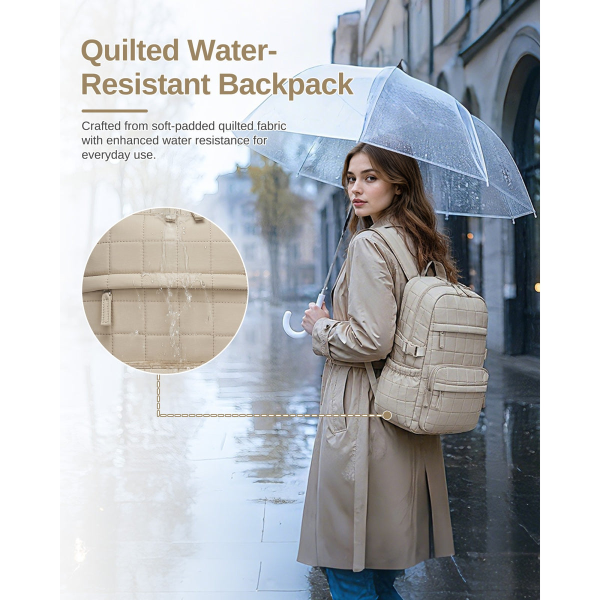 Beige water-resistant quilted backpack on wet city street showing beading fabric texture and slim profile