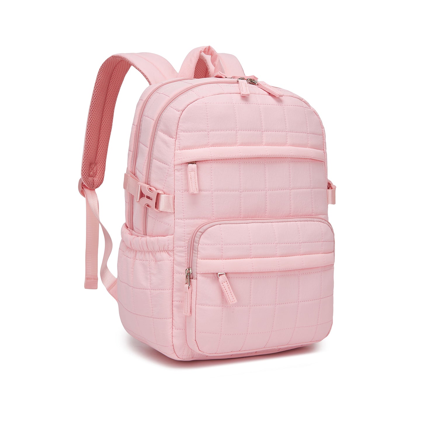 Side profile of light pink quilted backpack showing structured form, zipper closures, and mesh-lined straps