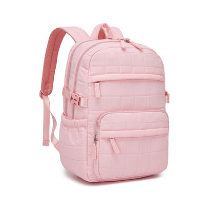Side profile of light pink quilted backpack showing structured form, zipper closures, and mesh-lined straps