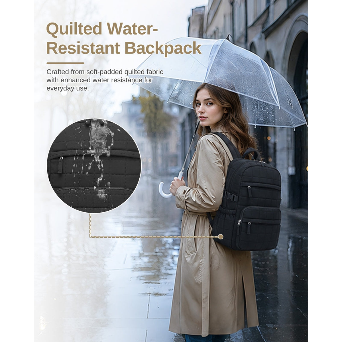 Black quilted water-resistant backpack worn in rain showing soft-padded fabric and enhanced weather protection