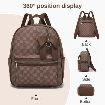 BPM2614 - Miss Lulu Checked PVC Backpack with Detachable Bow, Casual Women’s Daypack for School, Travel & Daily Use - Brown