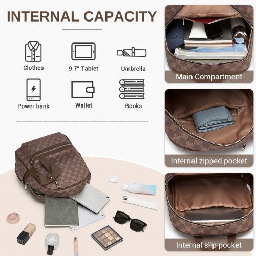 BPM2614 - Miss Lulu Checked PVC Backpack with Detachable Bow, Casual Women’s Daypack for School, Travel & Daily Use - Brown