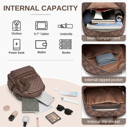 BPM2614 - Miss Lulu Checked PVC Backpack with Detachable Bow, Casual Women’s Daypack for School, Travel & Daily Use - Brown