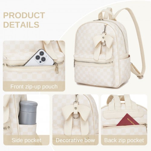 BPM2614 - Miss Lulu Checked PVC Backpack with Detachable Bow, Casual Women’s Daypack for School, Travel & Daily Use - Beige