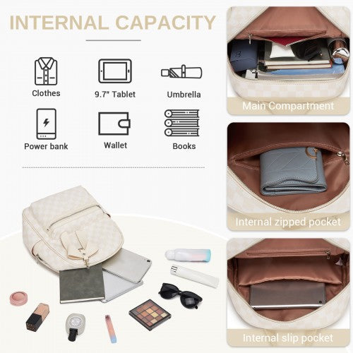 BPM2614 - Miss Lulu Checked PVC Backpack with Detachable Bow, Casual Women’s Daypack for School, Travel & Daily Use - Beige