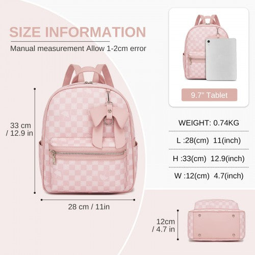BPM2614 - Miss Lulu Checked PVC Backpack with Detachable Bow, Casual Women’s Daypack for School, Travel & Daily Use - Pink
