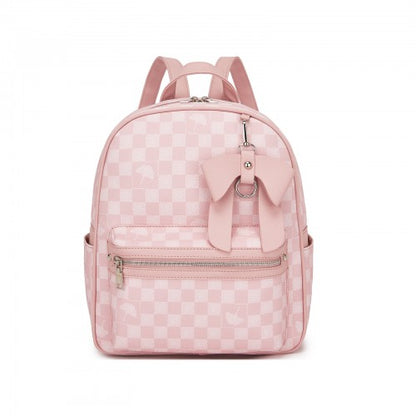 BPM2614 - Miss Lulu Checked PVC Backpack with Detachable Bow, Casual Women’s Daypack for School, Travel & Daily Use - Pink