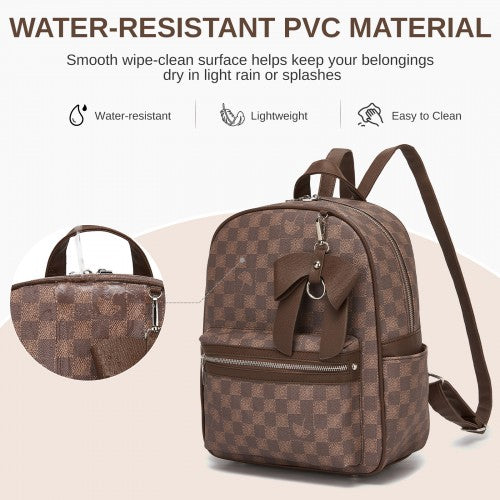 BPM2614 - Miss Lulu Checked PVC Backpack with Detachable Bow, Casual Women’s Daypack for School, Travel & Daily Use - Brown