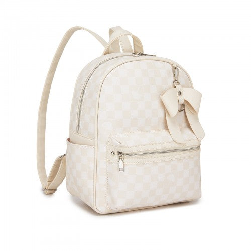 BPM2614 - Miss Lulu Checked PVC Backpack with Detachable Bow, Casual Women’s Daypack for School, Travel & Daily Use - Beige