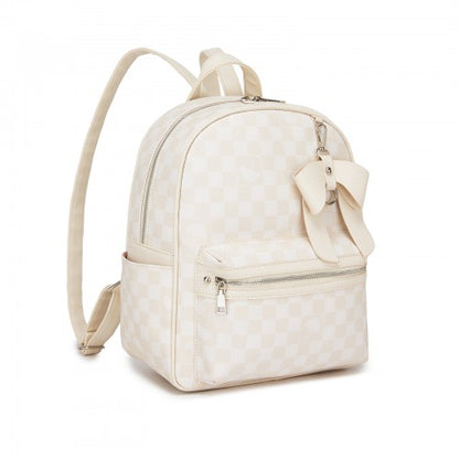 BPM2614 - Miss Lulu Checked PVC Backpack with Detachable Bow, Casual Women’s Daypack for School, Travel & Daily Use - Beige