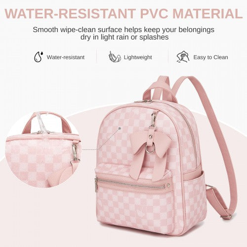 BPM2614 - Miss Lulu Checked PVC Backpack with Detachable Bow, Casual Women’s Daypack for School, Travel & Daily Use - Pink
