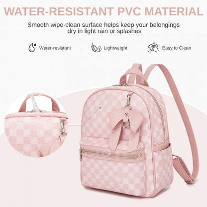 BPM2614 - Miss Lulu Checked PVC Backpack with Detachable Bow, Casual Women’s Daypack for School, Travel & Daily Use - Pink