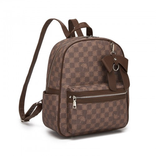 BPM2614 - Miss Lulu Checked PVC Backpack with Detachable Bow, Casual Women’s Daypack for School, Travel & Daily Use - Brown