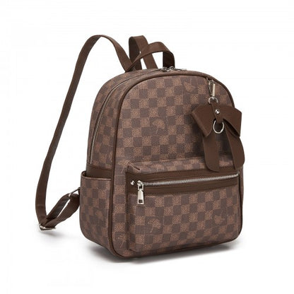 BPM2614 - Miss Lulu Checked PVC Backpack with Detachable Bow, Casual Women’s Daypack for School, Travel & Daily Use - Brown