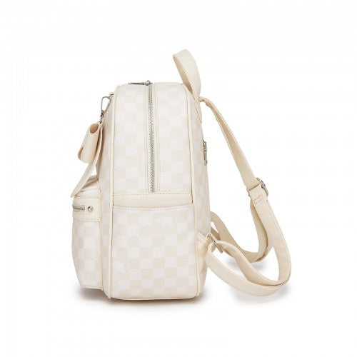 BPM2614 - Miss Lulu Checked PVC Backpack with Detachable Bow, Casual Women’s Daypack for School, Travel & Daily Use - Beige